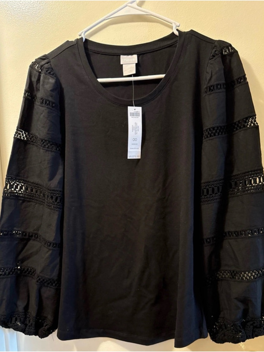 Chico's Black Lace-Trim Balloon Sleeve Top